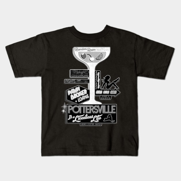 Pottersville (Black and White) Kids T-Shirt by darklordpug